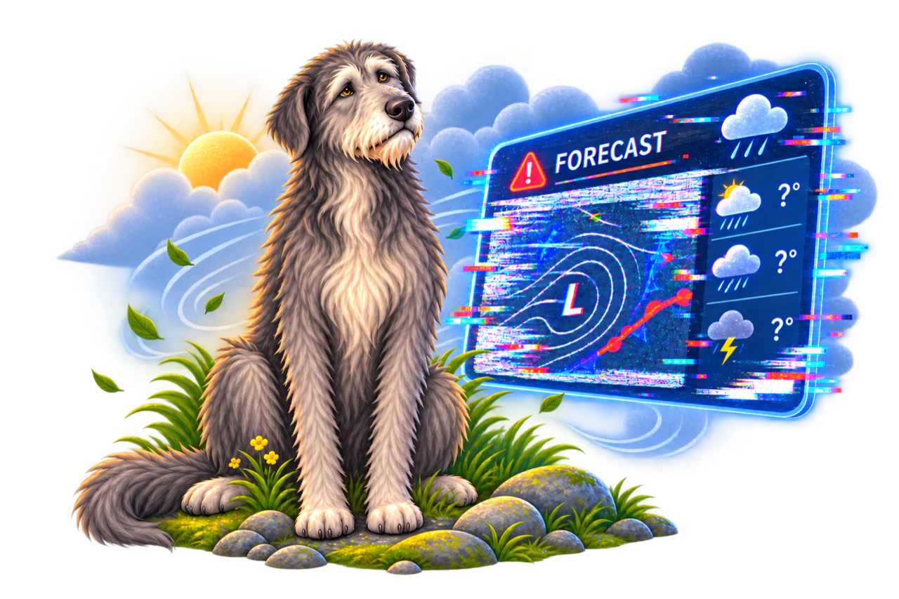 Beaufort sitting beside a glitching forecast panel showing question marks where the temperatures should be