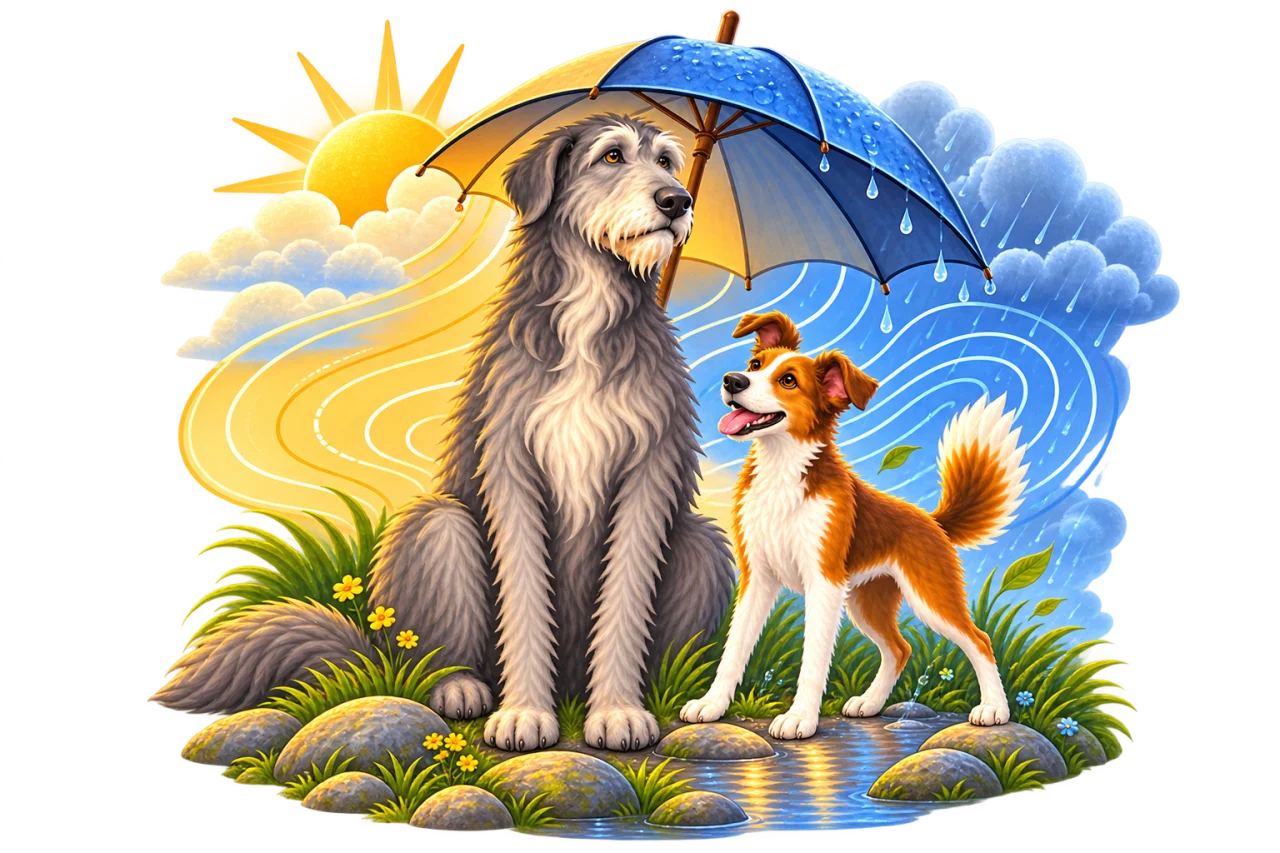 Beaufort holding an umbrella over himself and Doppler, sunshine on one side and rain on the other